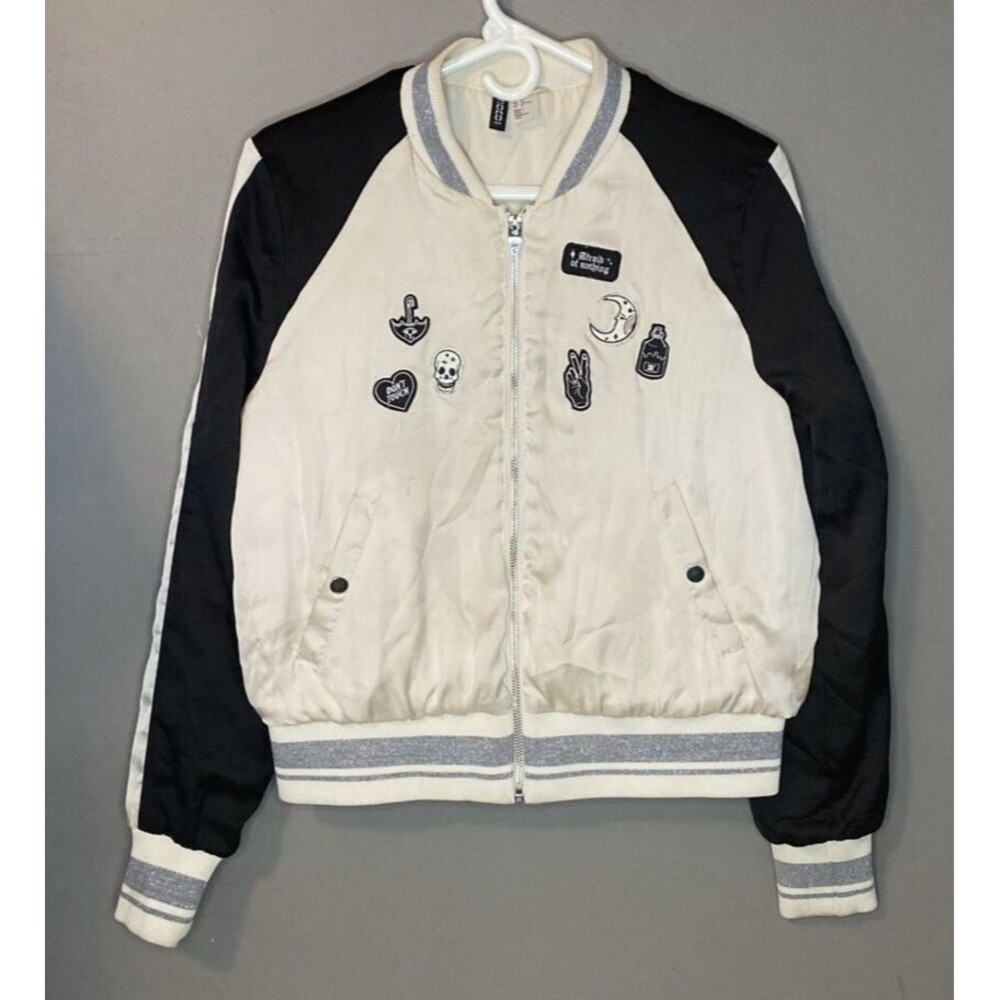 Divided by H&M Size 14 Satin Full-Zip Bomber Jacket White & Black